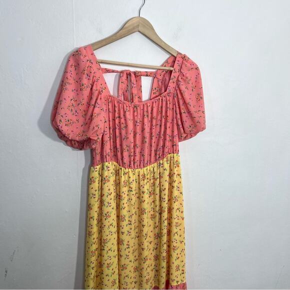 COLOR ME COURTNEY Yellow Pink Ditsy Flower Printed Cece Maxi Dress Size 10 - Picture 8 of 16